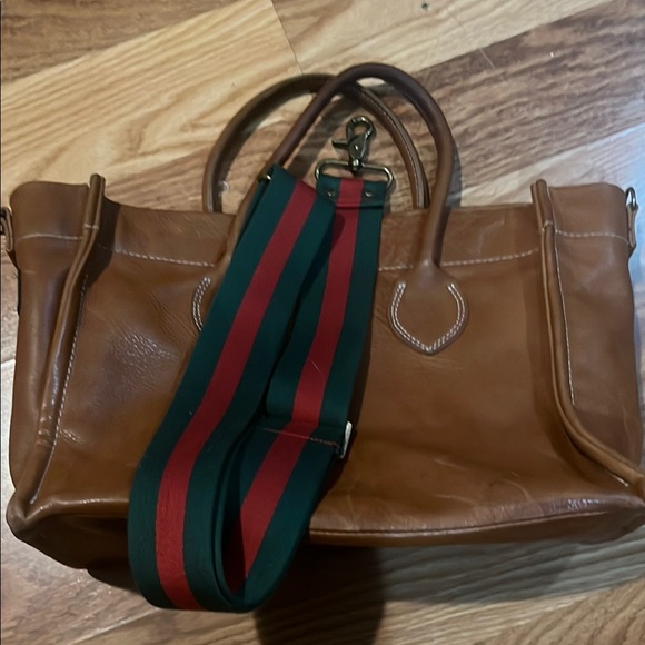 Brown Leather Bag with Green and Red Strap - Picture 1 of 10